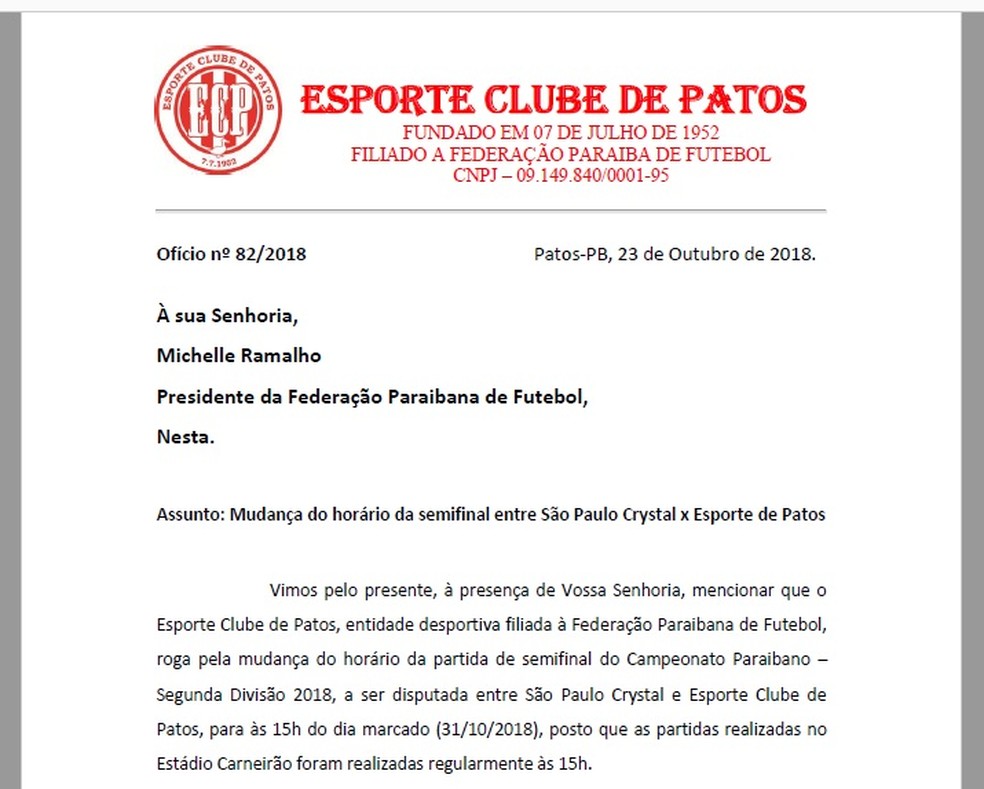 Documento do Esporte de Patos foi direcionado � presidenta da FPF, Michelle Ramalho � Foto: Reprodu��o / Esporte de Patos