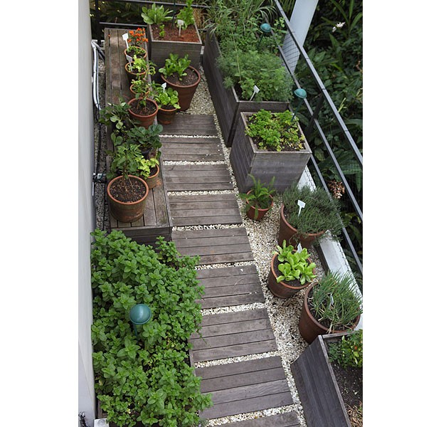 A horta organizada com vasos de barro e madeira cumaru fica na varanda de um apartamento. Projeto da arquiteta Mônica Lauretti (Foto: Renato Corradi/Editora Globo)