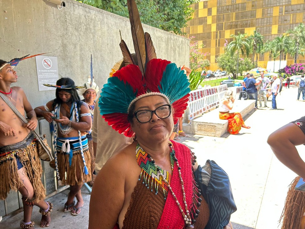 Maria de Lurdes Fonseca de Oliveira cobra pela demarcação de terras indígenas no sul da Bahia — Foto: Brenda Ortiz/g1 DF