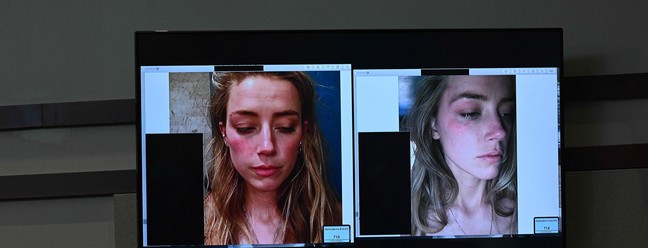 Fotos de Amber Heard aparecem em uma tela durante o julgamento por difamação de Johnny Depp contra ela no Tribunal de Justiça do Condado de Fairfax, na Virgínia, EUA, em 17 de maio de 2022 — Foto: BRENDAN SMIALOWSKI / AFP