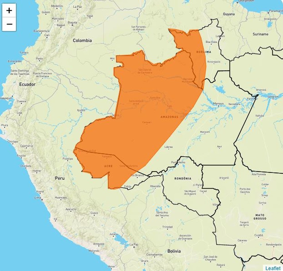 Regiões do Acre, Amazonas e Roraima estão sob alerta de perigo — Foto: Reprodução