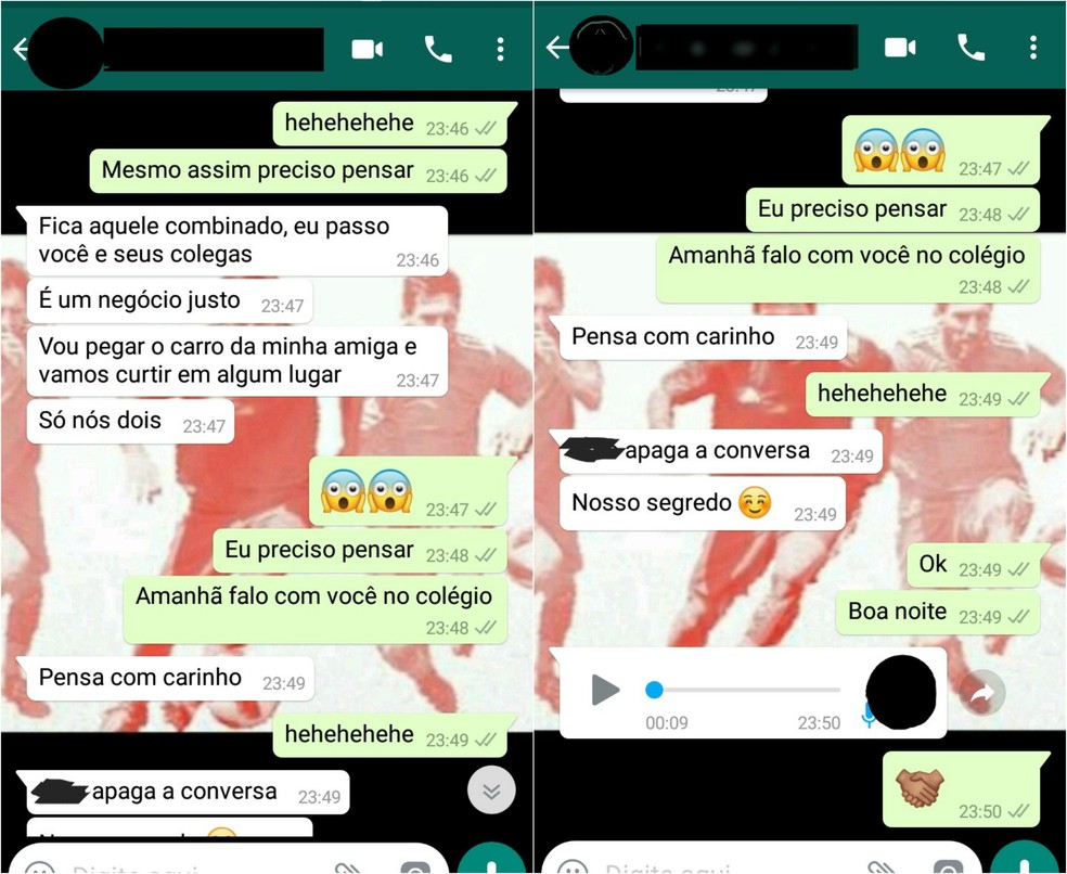 Nas imagens, suposto professor diz que vai aprovar aluno e colegas caso os dois saiam juntos  (Foto: Reprodução/Whatsapp)