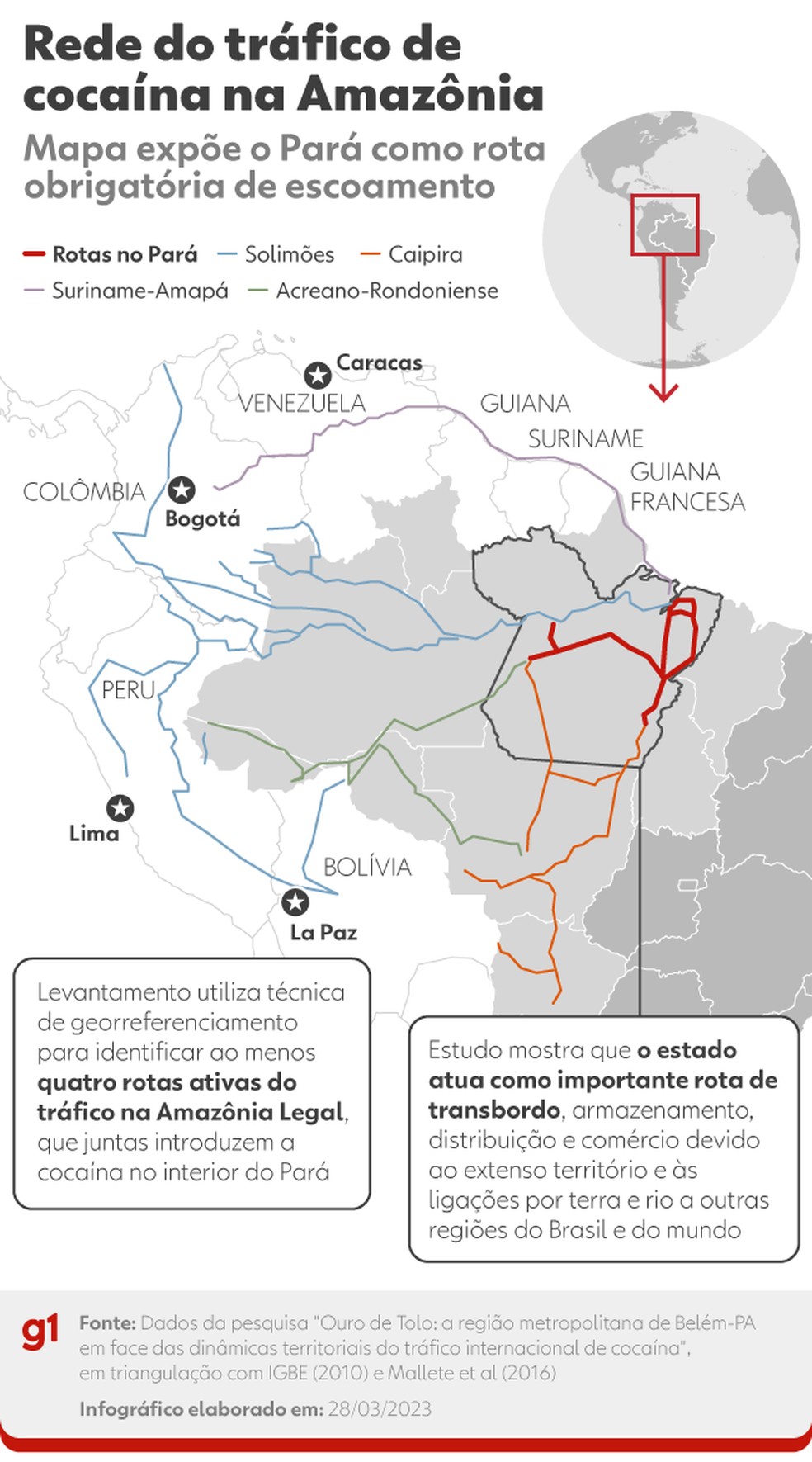 Mapa traça as redes do tráfico de cocaína na Amazônia. — Foto: Arte g1