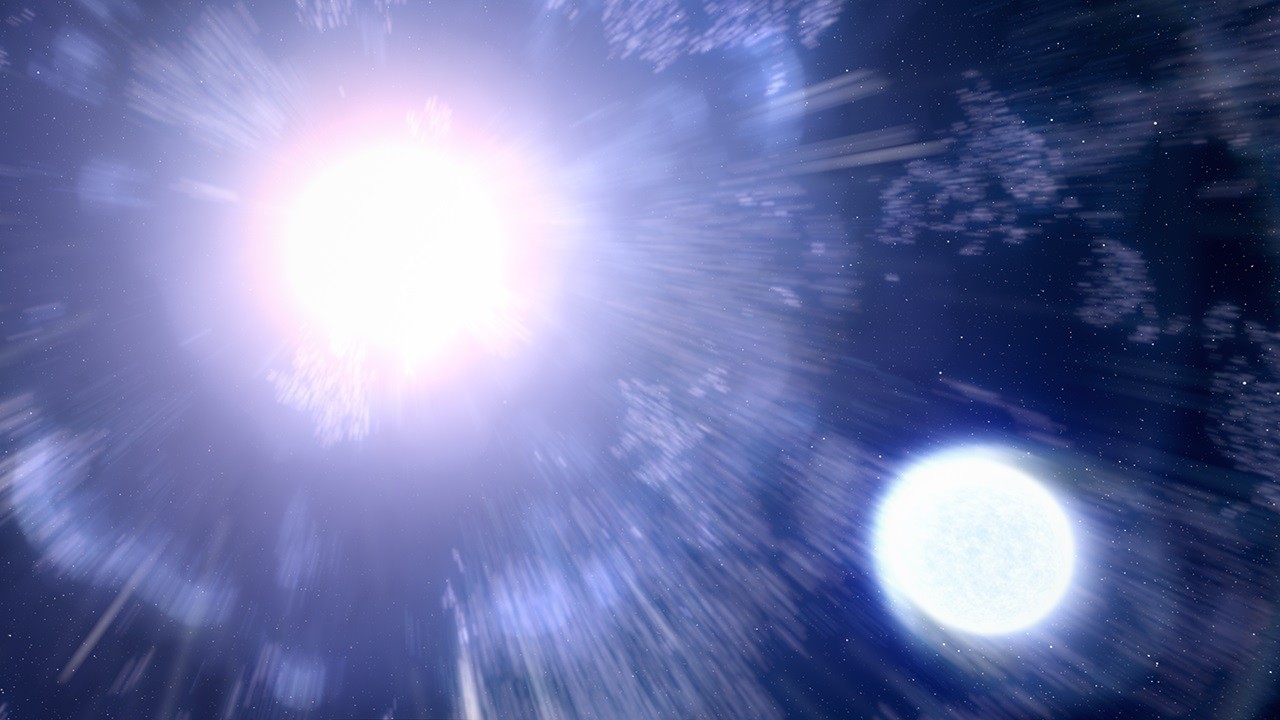 Representação de uma supernova explodindo e uma estrela companheira sobrevivente, vista no canto inferior direito  (Foto:  NASA, ESA, Leah Hustak (STScI))
