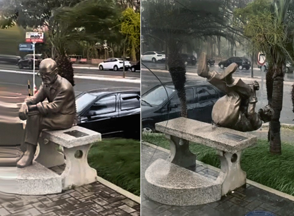 Estátua do poeta Carlos Drummond de Andrade tombou durante ventania em Teresina — Foto: Reprodução/Rede social