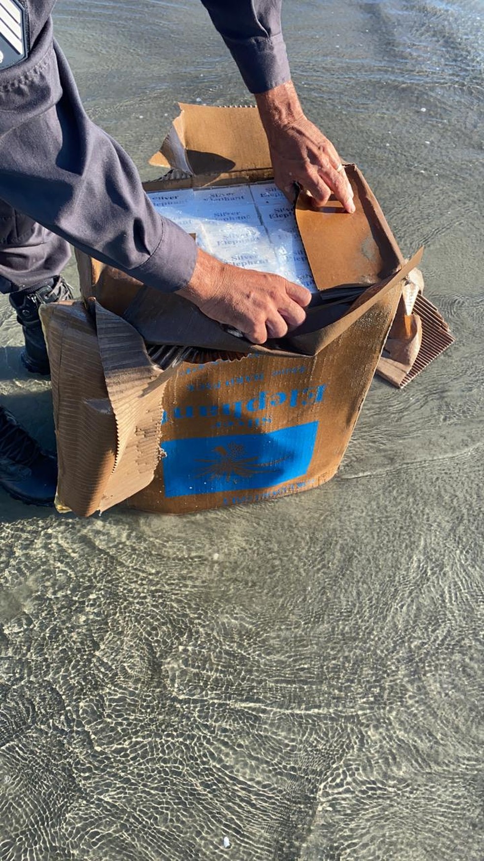 Caixas de cigarro encontradas boiando no mar, em Tibau, RN — Foto: Cedida