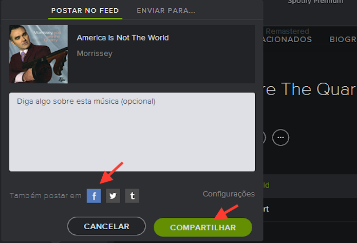 Compartilhando uma música reproduzida no Spotify com o Facebook (Foto: Reprodução/Marvin Costa)