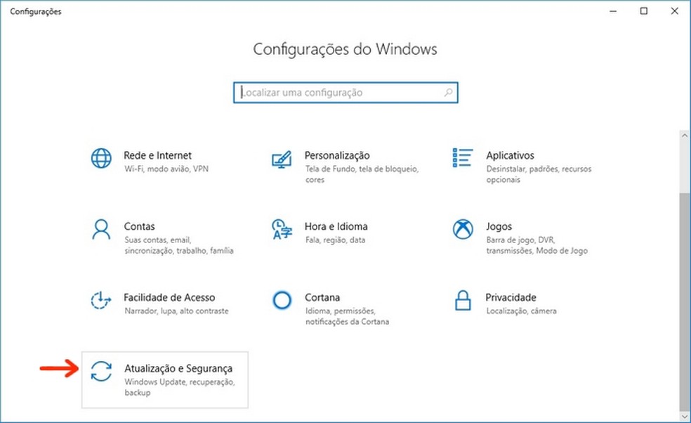 Destaque para menu de Atualizao e Segurana nas configuraes do Windows 10  Foto ReproduoRaquel Freire