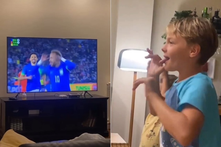 Filho de Neymar, Davi Lucca reage ao gol do pai no amistoso contra a Tunísia