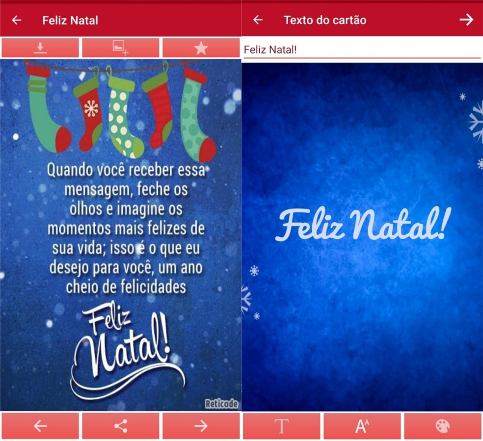 O app Cartão de Natal está disponível para Android e iPhone (iOS) e permite criar bilhetes customizados para enviar no WhatsApp — Foto: Reprodução/Clara Fabro