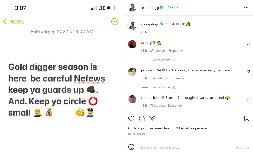 O post de Snoop Dogg com a suposta referência à acusação de abuso contra ele (Foto: Instagram)