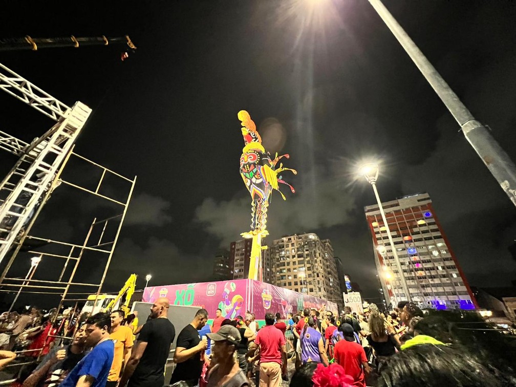 Foliões prestigiam Galo gigante, símbolo do carnaval do Recife, de pé na Ponte Duarte Coelho — Foto: Kamila Nunes/g1
