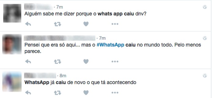 Usuários relatam queda do WhatsApp na tarde desta quarta-feira (Foto: Reprodução/Twitter)