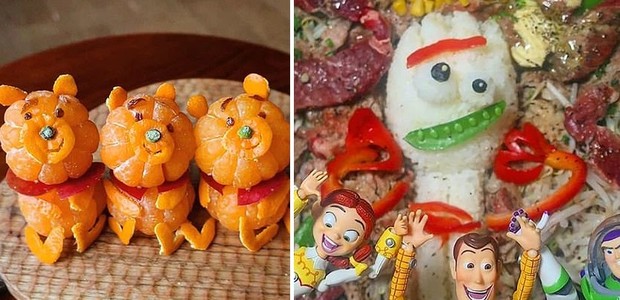 Na foto, um alinhamento de Winnie the Poohs feito de laranjas; e um Toy Story's Forky criado com arroz (Foto: Reprodução Instagram)