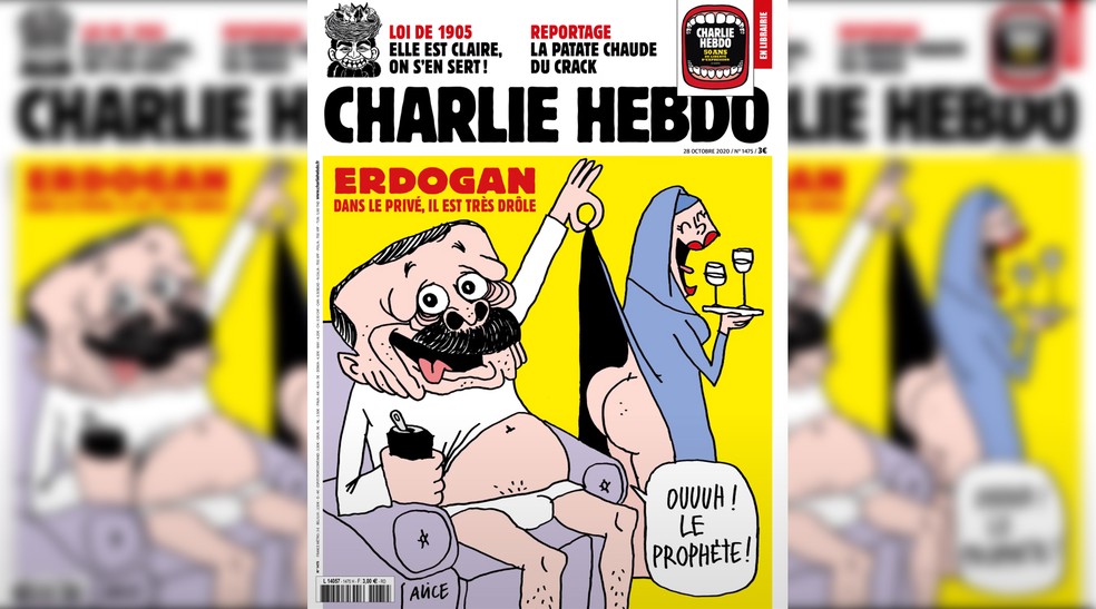 Revista satírica Charlie Hebdo publica charge de Recep Tayyip Erdogan, e presidente da Turquia reage — Foto: Montagem/G1