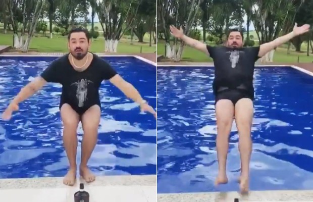 Fernando pula na piscina vestindo camiseta (Foto: Reprodução / Instagram)