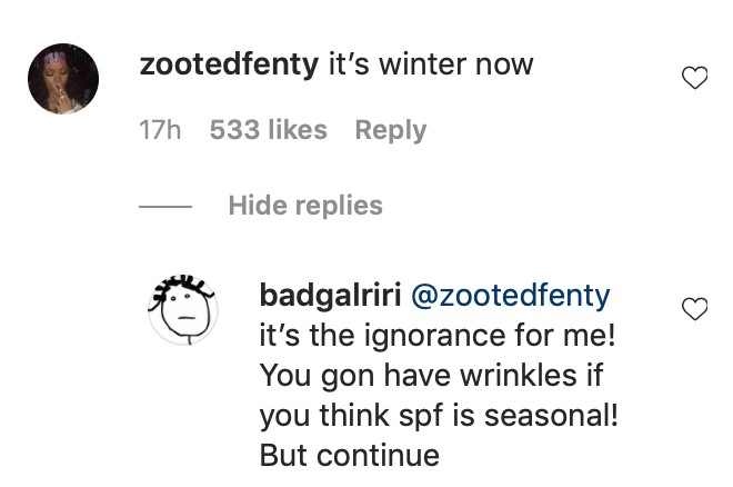 Rihanna explicou a um fã que usar protetor solar durante o ano todo é importante (Foto: Reprodução / Instagram)