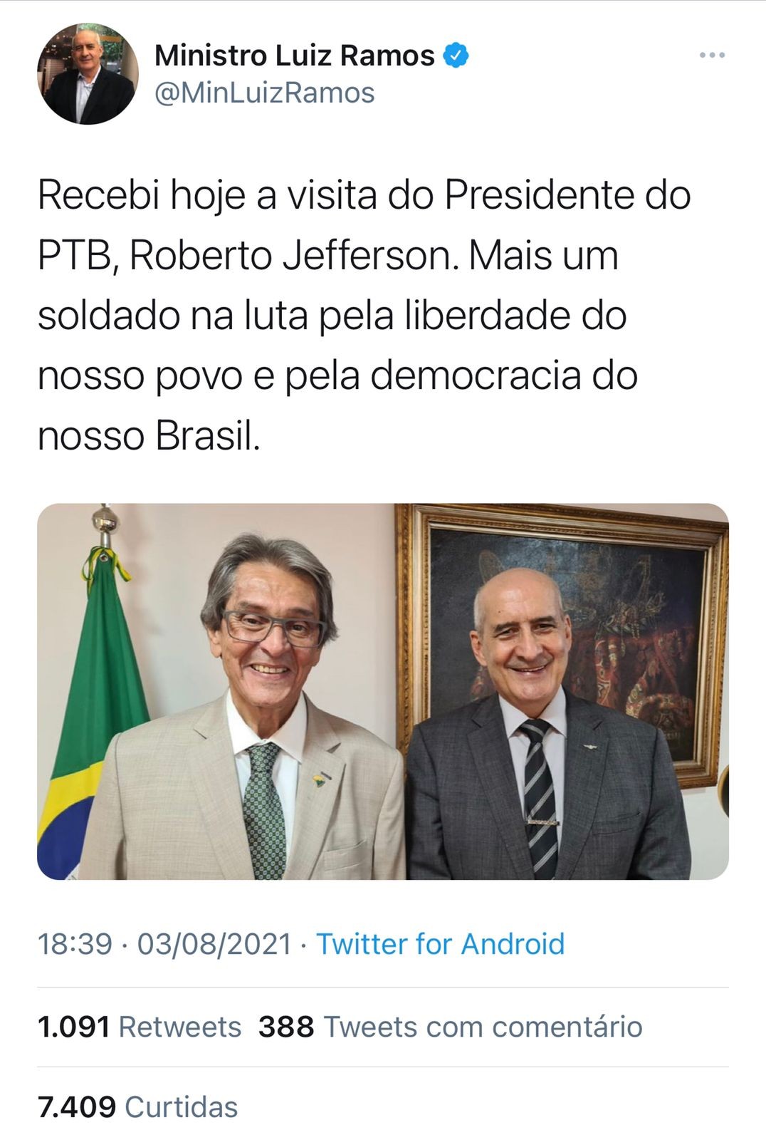 Roberto Jefferson em visita ao ministro Luiz Ramos 