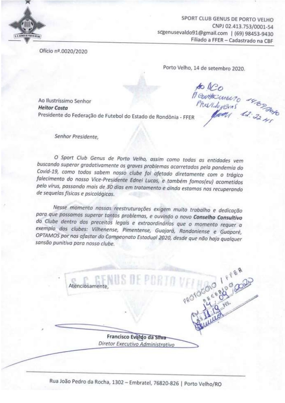 Genus protocola pedido de desistência do Campeonato Rondoniense 2020 (Foto: Divulgação )