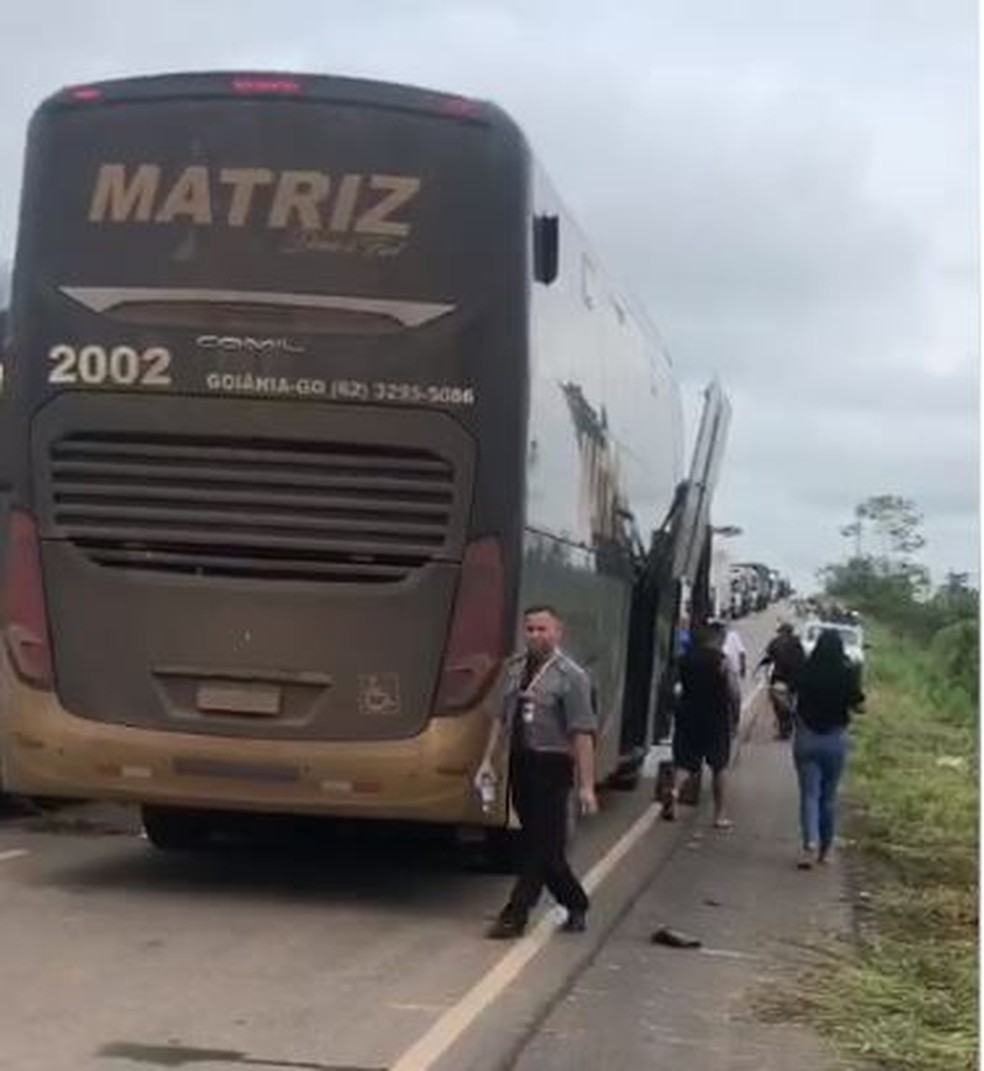 Fila de carros e ônibus se formou ao longo da rodovia por conta da interdição — Foto: Reprodução