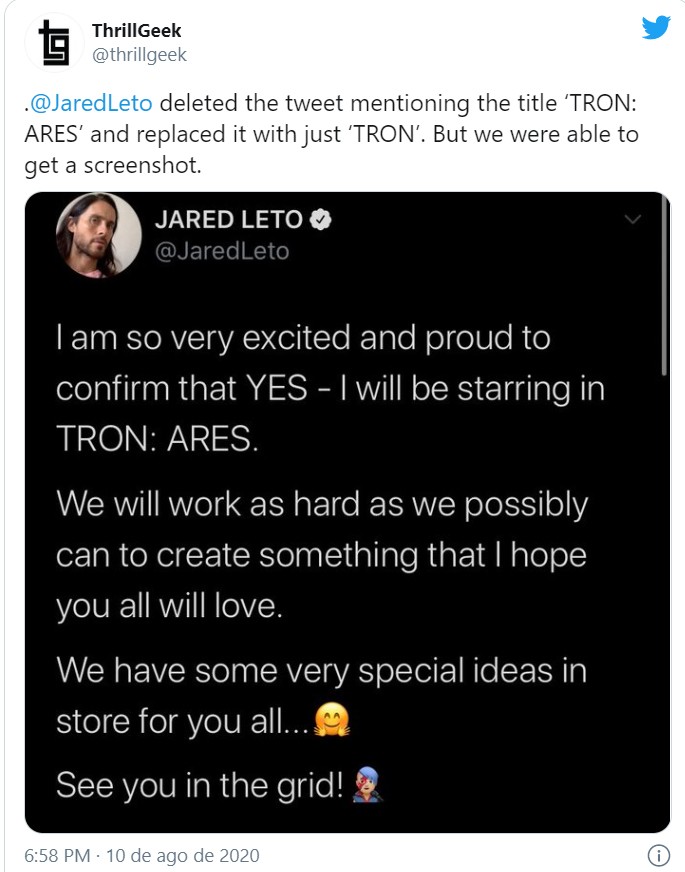Jared Leto pode ter vazado o título do terceiro filme de Tron acidentalmente (Foto: Reprodução / Twitter)