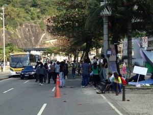 Grupo de manifestantes ocupa uma das faixas da avenida Delfim Moreira, no Leblon (Foto: Glauco Araújo/G1)