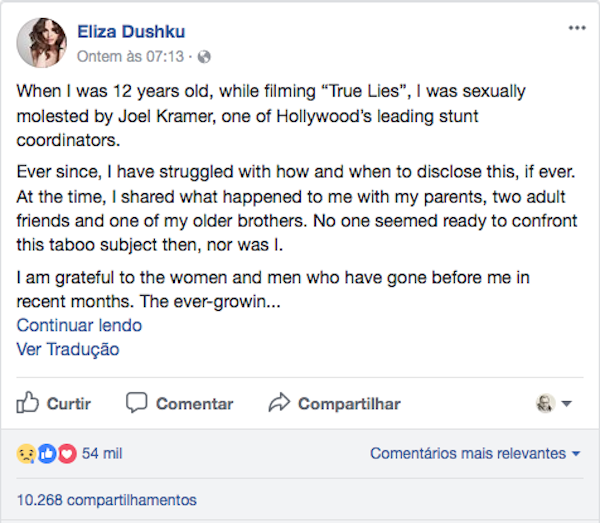 O relato compartilhado pela atriz Eliza Dushku (Foto: Facebook)