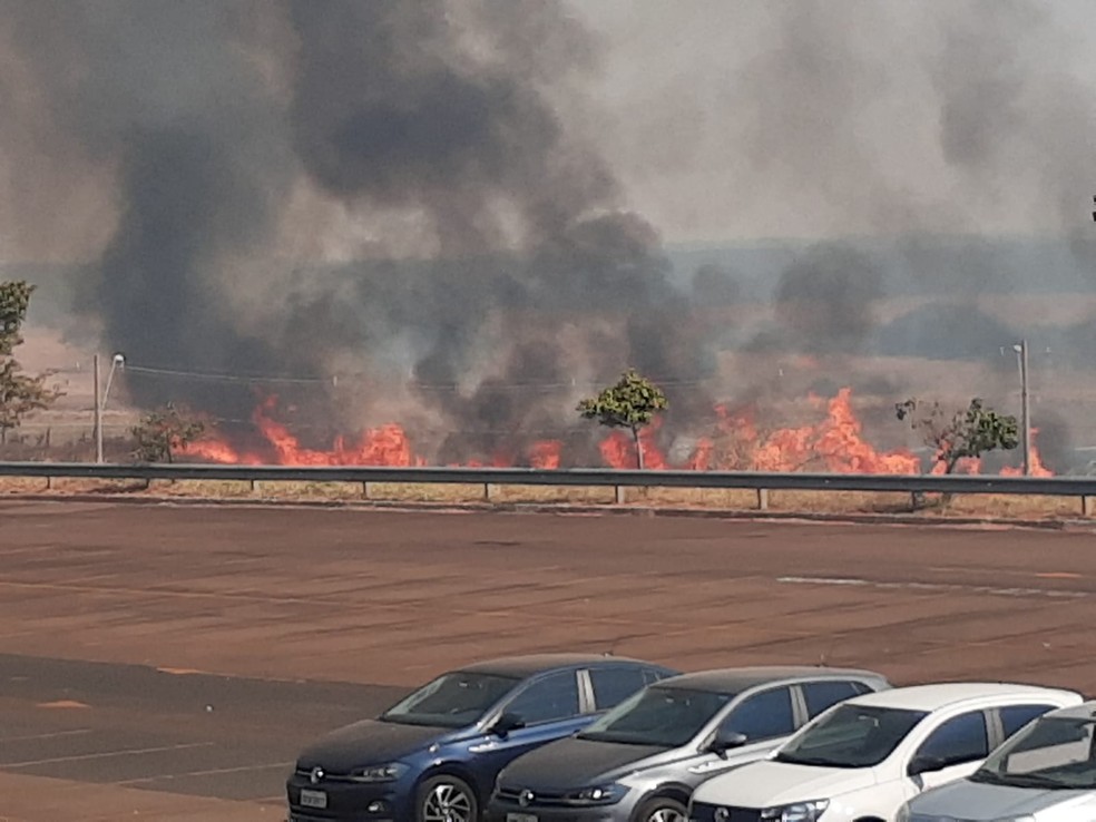 Incêndio em mata cancela voos no aeroporto Bauru-Arealva  — Foto: Mayky Araújo/TV TEM