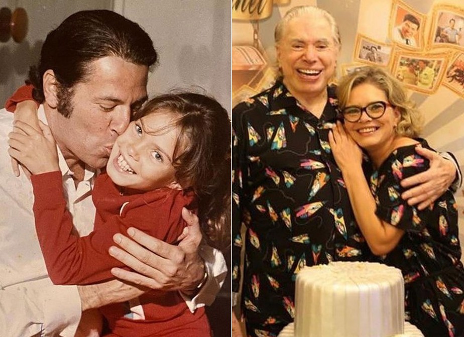 Cintia Abravanel com Silvio Santos na infância (à esquerda) e nos dias de hoje (à direita)