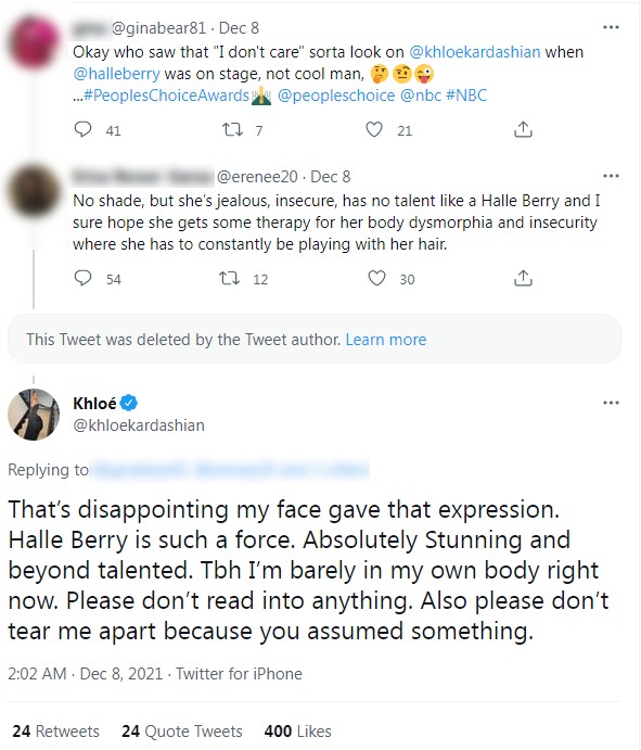 Khloé Kardashian responde a internautas que a acusaram de ser blasé com Halle Berry no People's Choice Awards (Foto: reprodução / Instagram)