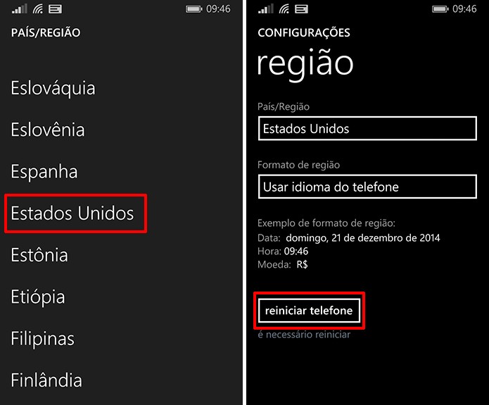 Windows Phone precisa ser configurado com a região Estados Unidos para ativar a Cortana (Foto: Reprodução/Elson de Souza)