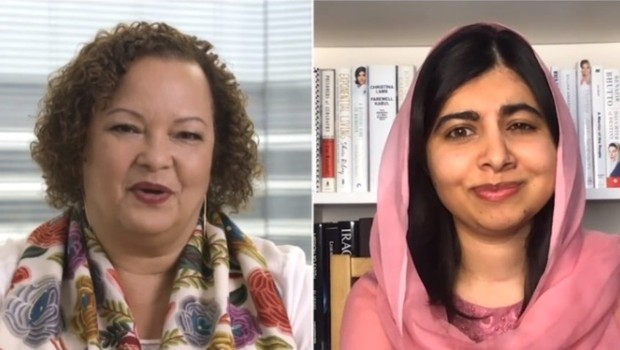 A ativista e Prêmio Nobel da Paz Malala Yousafzai e Lisa Jackson, vice-presidente de políticas ambientais e iniciativas sociais da Apple, participaram de painel do Web Summit Lisboa 2020 (Foto: Reprodução)