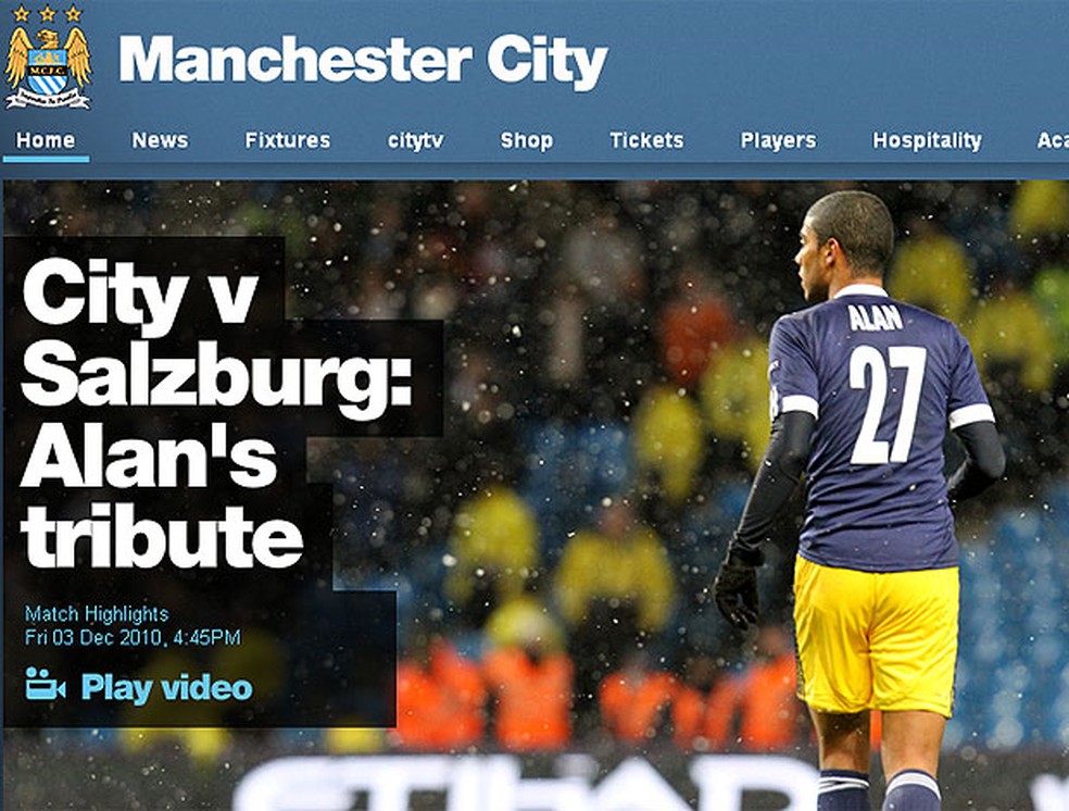 A homenagem a Alan no site oficial do Manchester City: tricolor virou "ídolo" da torcida — Foto: Reprodução