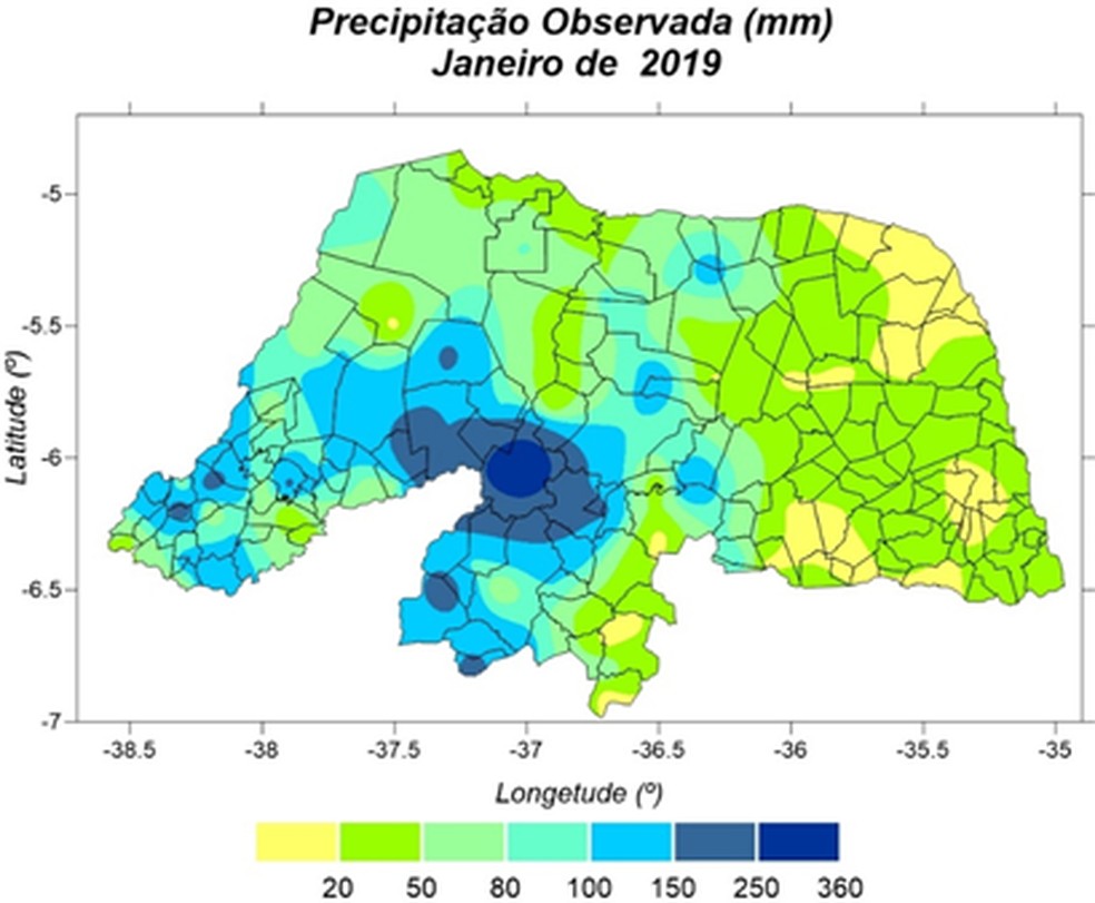 Mapa mostra volume de chuvas nas regiÃµes do estado, em janeiro  â€” Foto: Emparn/DivulgaÃ§Ã£o