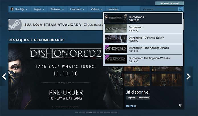 Busque o Dishonored 2 no Steam (Foto: Reprodução/Murilo Molina)