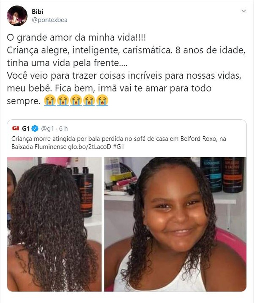 Irmã de menina que morreu ao ser atingida por bala perdida publica desabafo — Foto: Reprodução Redes Sociais 