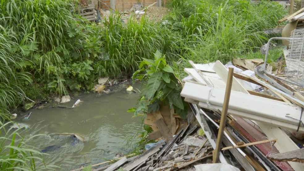 Esgoto a céu aberto em comunidade sem saneamento básico em São Paulo — Foto: Reprodução/TV Globo