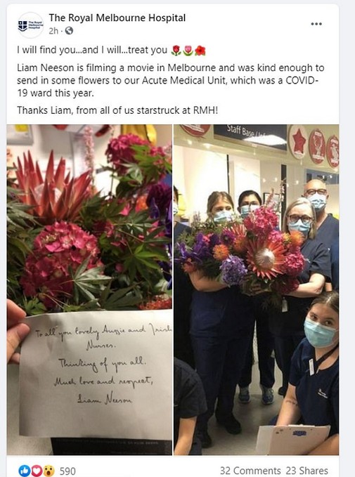 O post celebrando as flores enviadas por Liam Neeson à equipe do hospital australiano (Foto: Facebook)