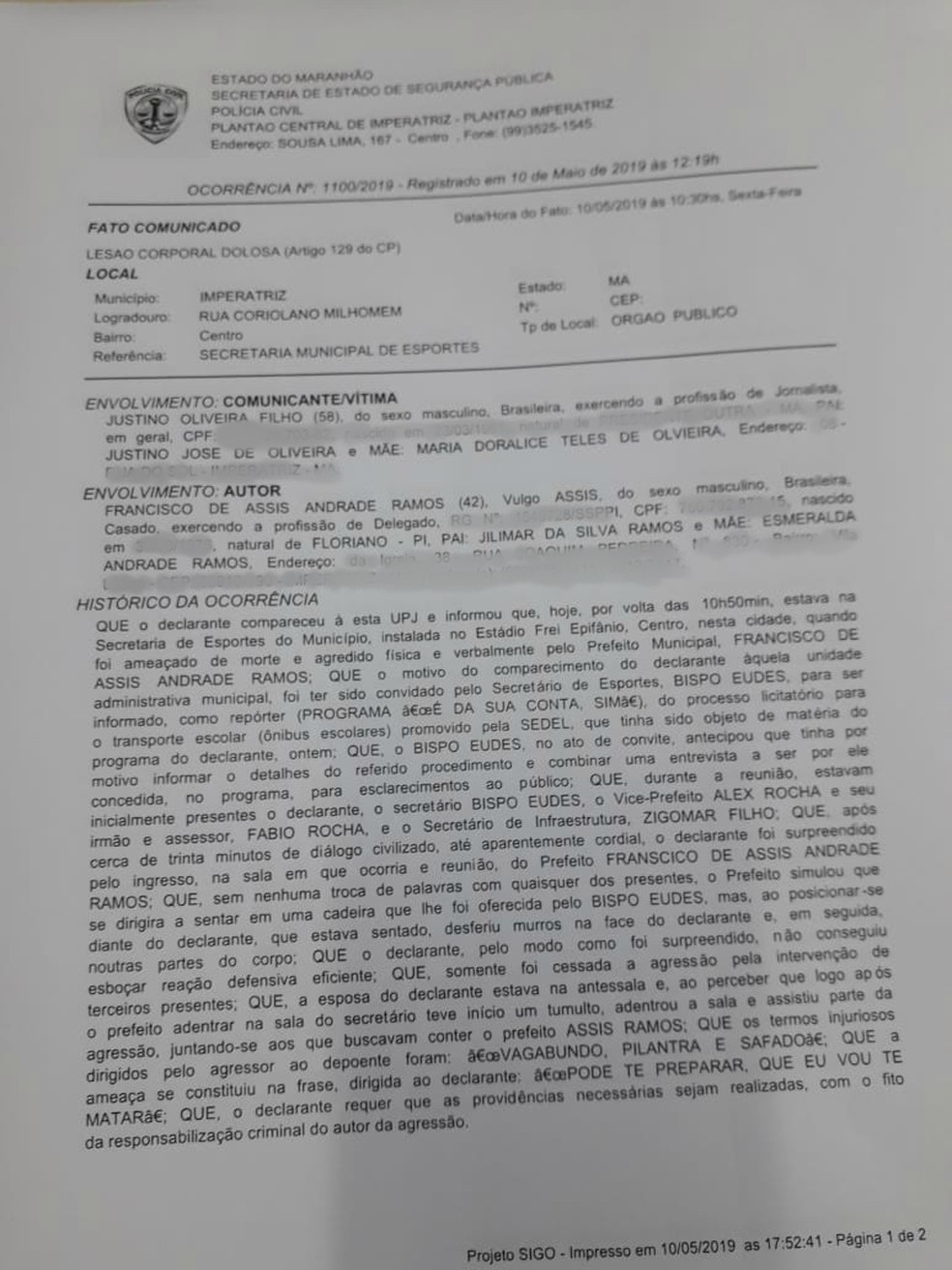 Boletim de Ocorrência registrado na Polícia Civil sobre a agressão do prefeito Assis Ramos contra o jornalista Justino Filho — Foto: Polícia Civil