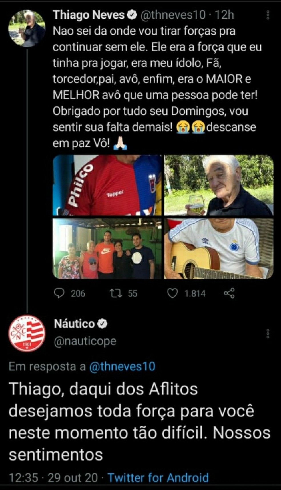 Após perder o avô, Thiago Neves ganha apoio do Sport e do Náutico | futebol  | ge