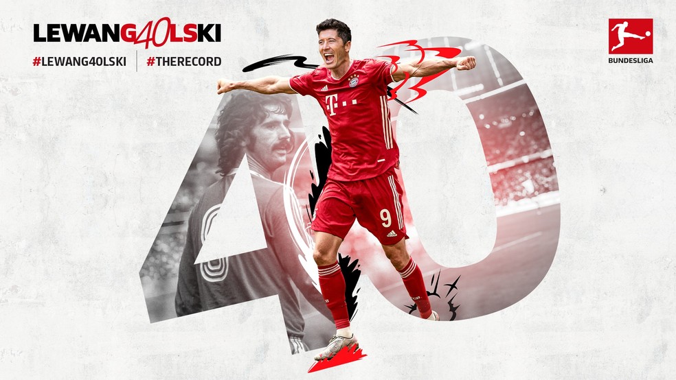 Arte da Bundesliga celebra recorde de Lewandowski de 40 gols, igualado a Gerd Müller — Foto: Reprodução