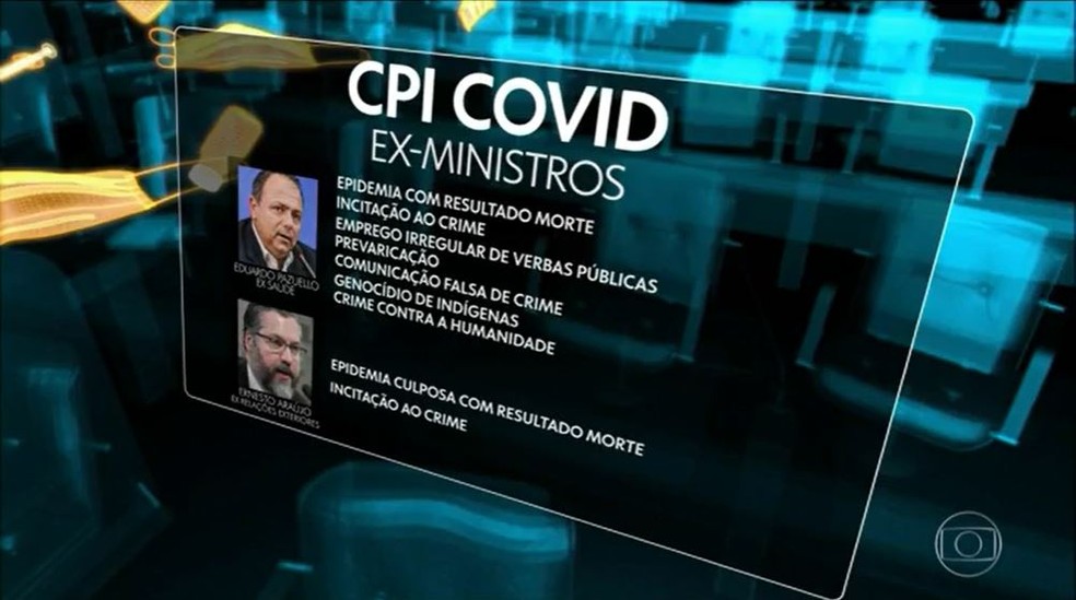 Os ex-ministros Eduardo Pazuello e Ernesto Araújo devem ser alvo de pedidos de indiciamento feitos pela CPI da Covid. — Foto: Reprodução/TV Globo