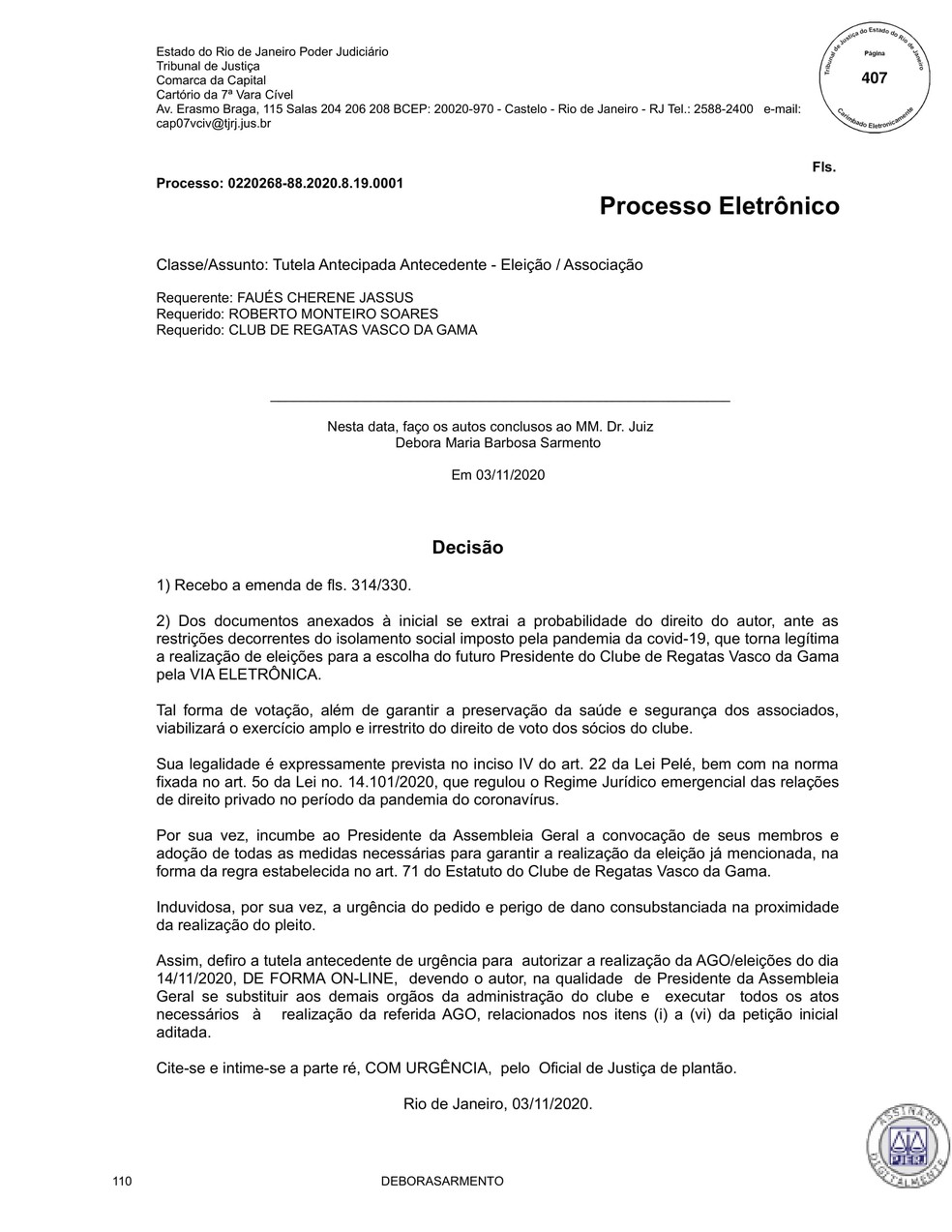 Decisão judicial que determina eleição online no dia 14 no Vasco - Parte 1 — Foto: Reprodução