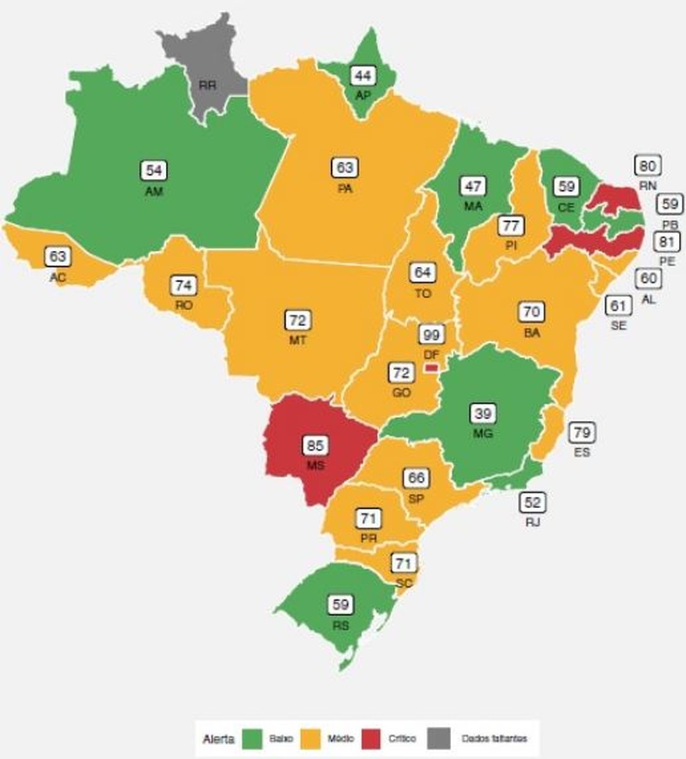 Mapa da Fiocruz mostra como está a taxa de ocupação de leitos de UTI no país — Foto: Reprodução