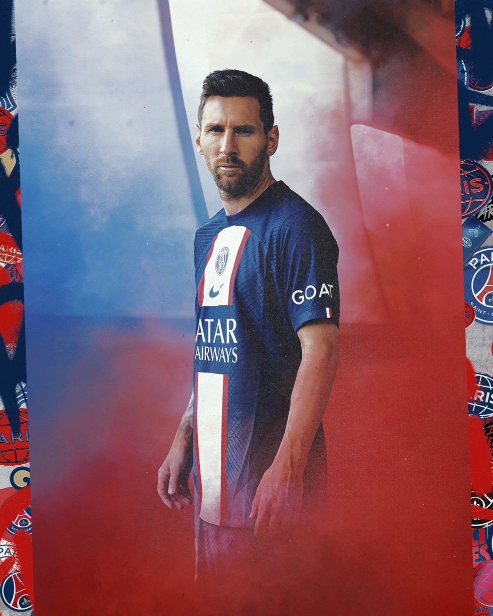 Messi é um dos modelos do lançamento do novo uniforme do PSG — Foto: Divulgação/PSG