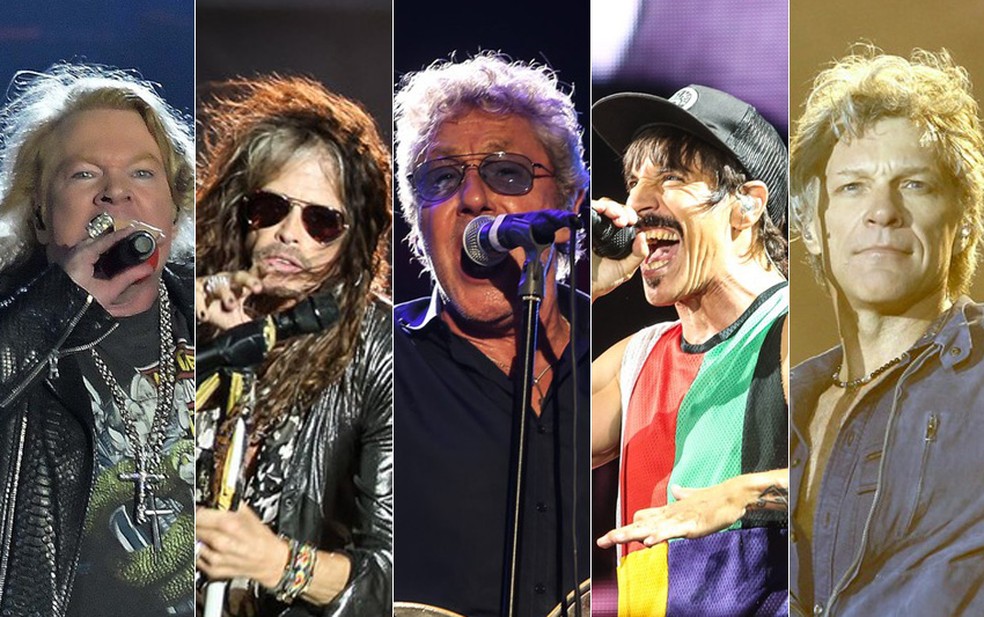 Montagem com fotos dos seguintes shows: Aerosmith, Guns N' Roses, The Who, Red Hot Chili Peppers e Bon Jovi (Foto: Alexandre Dur&atilde;o/G1; F&aacute;bio Tito/G1; Marcos Serra Lima/G1)