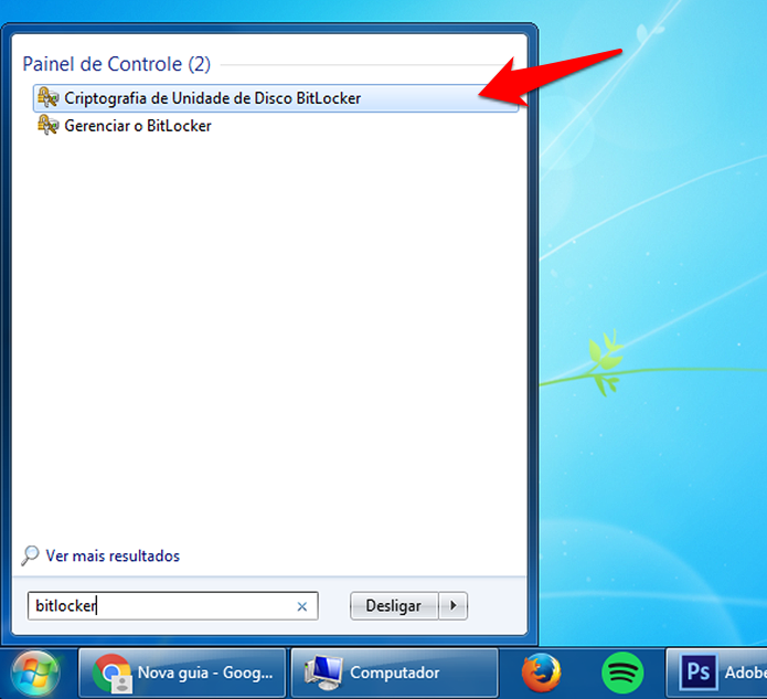 Acessando as configurações do BitLocker rapidamente pelo Menu Iniciar no Windows 7. (Foto: Reprodução/Alessandro Junior)