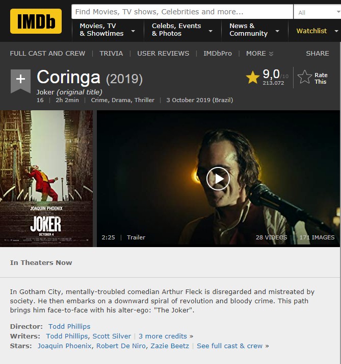 Página de 'Coringa' no site IMDB (Foto: imdb)