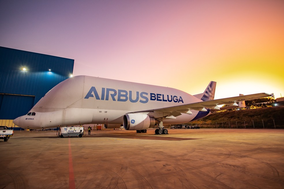 Aeronave Beluga no Aeroporto de Viracopos, em Campinas — Foto: Guilherme Ramos