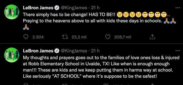 Tweet de LeBron em resposta ao massacre na escola no Texas (Foto: Reprodução / Twitter)